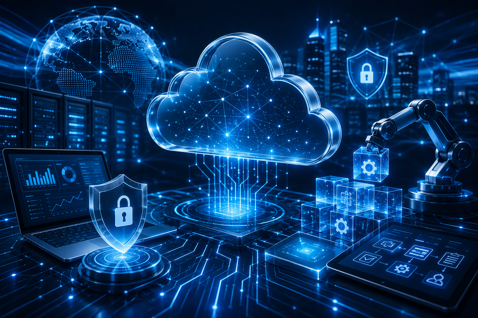 Ecossistema tecnológico com cloud, segurança, dados e automação